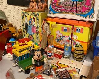 Vintage Barbie collectibles, Fisher-Price circus, Mickey Mouse, game parts