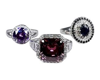 3 Sterling Silver Rings Sapphire and Purple Cubic ZIrconia