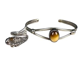 Sterling Silver Tigers Eye Cuff Bracelet and Fish Ring