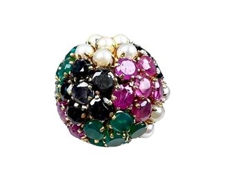 Vintage 14kt Yellow Gold Dome Ring with Emeralds Rubies Sapphires and Pearls