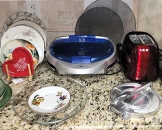 Kitchen: decorative serving plates. Electronics: George Forman Grill, toaster, waffle maker 
