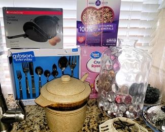 New flatware, vases, crock server, choppers, steamers, omelet plan and new food packages