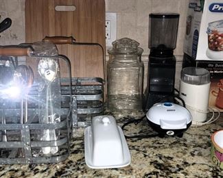 Galvanized flatware holders (2), Pewter serve ware, serving pieces 