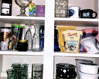 Retro kitchen, Temptations and Corning travel containers. Bar glasses