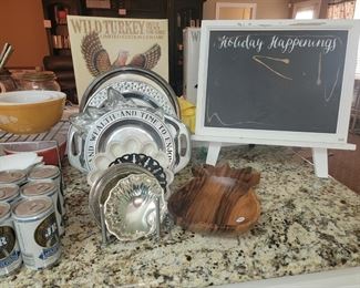Pewter, Chalkboard sign, Pyrex Crazy Daisy Mixing Bowl Set