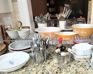Corning pie plates and casseroles, retro flatware and Crazy Daisy Mixing bowls