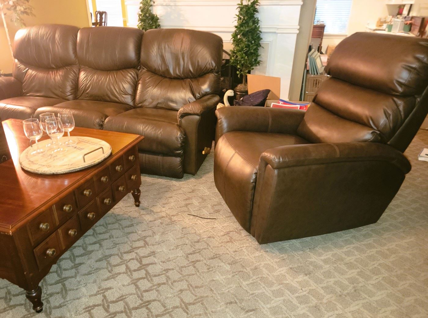 Leather Reclining sofa, electric recliner chair. Square wood coffee table