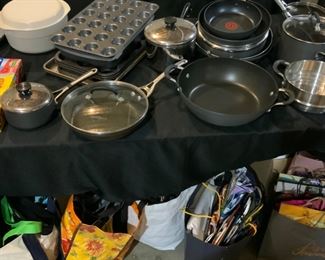 Upscycled totes, cookware, kitchen gadgets, pots, skillets, pans