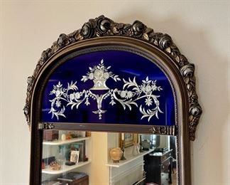Vintage Venetian blue glass etched wall mirror with carved frame.