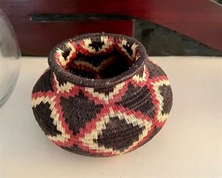 Fine Art woven basket, red, white, and black diamonds.