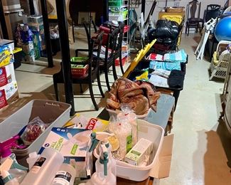 Collections of various cleaning and household items.