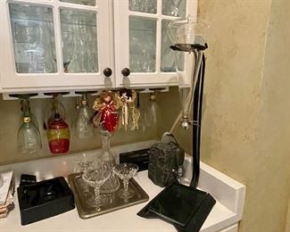 Wine Aerator and wine glasses.  Crystal decanter and champaign glasses.
