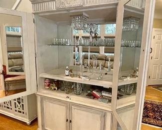 Henredon Furniture bleached white oak cabinet/dry bar with interior mirrors