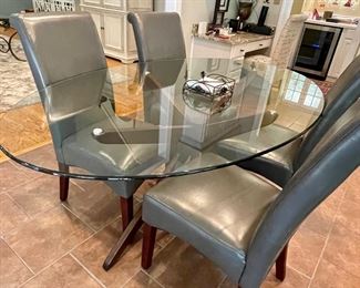 5 Pc Oval Glass Dining Set with Leather Charcoal Chairs and Walnut finish