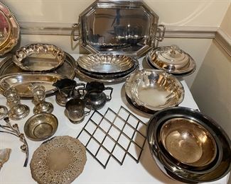 silver plate serving pieces, trivets, trays
