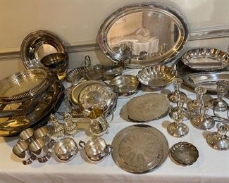 silver plated serving pieces, sterling candleholders