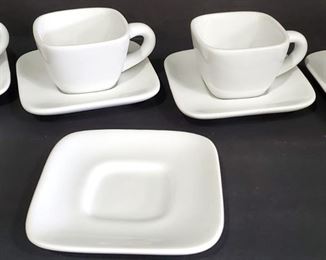 CRATE BARREL WHITE SQUARE ESPRESSO CUPS AND SAUCERS