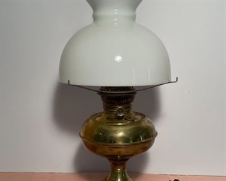 Vintage Rayo Brass Oil Lamp Electrified with White Shade
