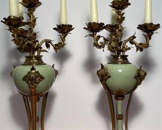 Antique Pair of Early 20th Century French Bronze and Celadon Candelabra (wired for electricity)
