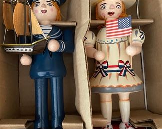 Vintage Folk Art Wooden Patriotic Doll Candlestick holders