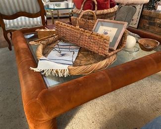 Huge square glass coffee table wrapped in burnt orange suede 1980s