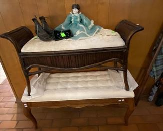 Ethan Allen bench, Bamboo style bench and Antique Porcelain Doll