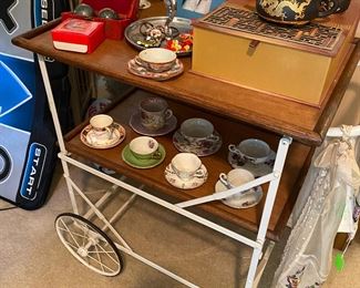 Antique Tea Cart, Collection of Cup and Saucers