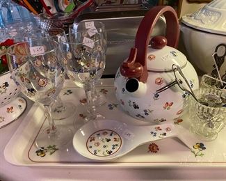 Pansy decorated Tea Pot, spoon rest, glassware and strainer