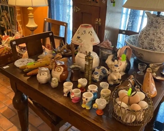 Antique Table, Owl collection, Wooden Eggs, and much more