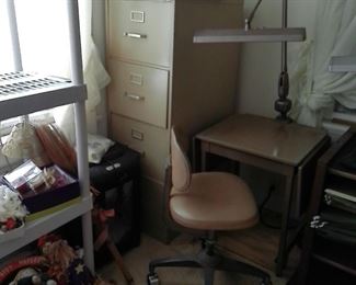 METAL FILE CABINET, TYPING TABLE, ROLLING CHAIR AND LAMP