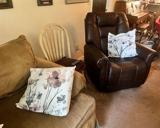 Three electric chairs (one lifting, one regular, one broken) and leather, dual reclining electric couch