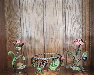 VINTAGE FLORAL METAL CANDLESTICK HOLDERS