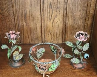 VINTAGE FLORAL METAL CANDLESTICK HOLDERS