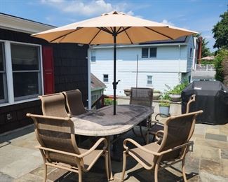 OUTDOOR PATIO SET WITH UMBRELLA AND SEATS BY SUNBRELLA