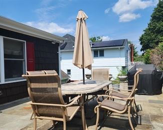 OUTDOOR PATIO SET WITH UMBRELLA AND SEATS BY SUNBRELLA
