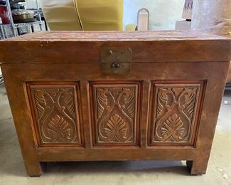 ANTIQUE HAND CARVED WOODEN TREASURE/DOWRY CHEST