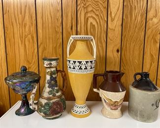 COLLECTION OF POTTERY, GLASS AND CERAMIC JARS AND VASES