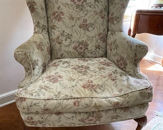 QUEEN ANNE STYLE WING BACK ARM CHAIR WITH FLORAL UPHOLSTERY