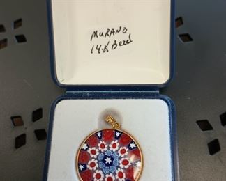 murano pendant with 14 karat gold bezel