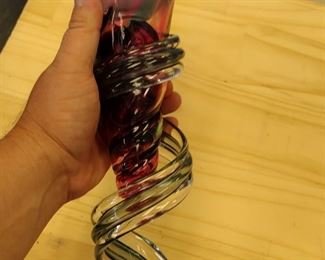 cranberry art glass candlestick