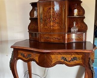 French inspired marquetry writing desk with matching cabinet and key. Beautiful workmanship