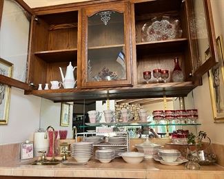 Independence Interspace Dinnerware - red stripes. Ruby thumbprint glassware and cake plate