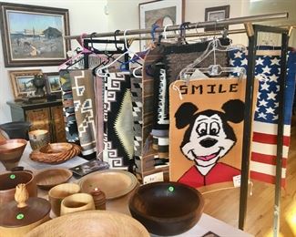 Navajo Mickey Mouse rug, hand turned wood bowls