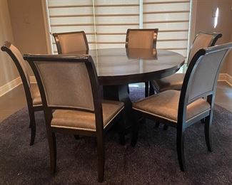 Bausman & Company 5 ft Round Dining Table with Lazy Susan insert and 6 Custom Chairs (includes table covers) INCREDIBLE CONDITION!                                                                                                        9.5' Round Custom Rug
