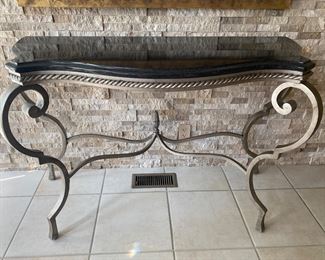 Wrought Iron Console Table with Black Granite Top and Curved Design 52.5" W x 36"H x 21.5" D.                             Silver/Pewter Finish