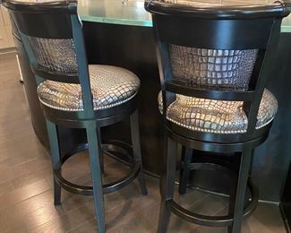 Set of 2 Custom Bausman & Co Barstools. Seat Height 30" Ebony Finish, Metallic Upholstery and Nailhead