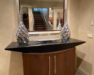 Custom Buffet Cabinet 62" W x 41.5" H x 21"D (Top).     Base is 42" W - 2 Doors reveal 5 Shelves                                         Custom Metallic Silver and Wood Trim Mirror 54" H x 2.5" D x 48" W