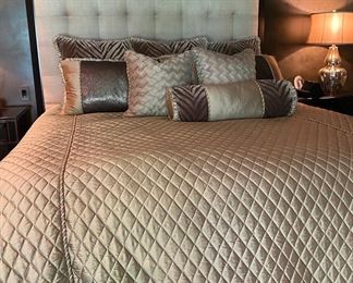 Custom King Bed with Tufted Headboard and Wood Trim                                                                                                                            Custom King Bedding Set- Comforter and 8 Pillows