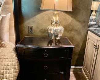 (2) Brownstone Furniture 3 Drawer Nightstands with Pull Out Shelf. 29.5" H x 19.5"D x 30" W                                                                                  (2) Silver and Gold Table Lamps