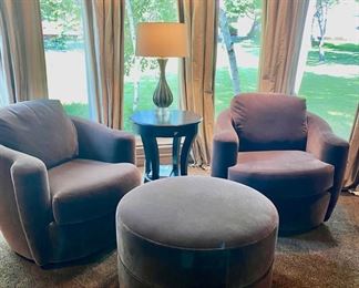 (2) Custom Swivel Rockers by Precedent 28"H x 37" D                            Custom Ottoman By Stewart Furniture (on Rollers)                             30.5" Round x 18"H